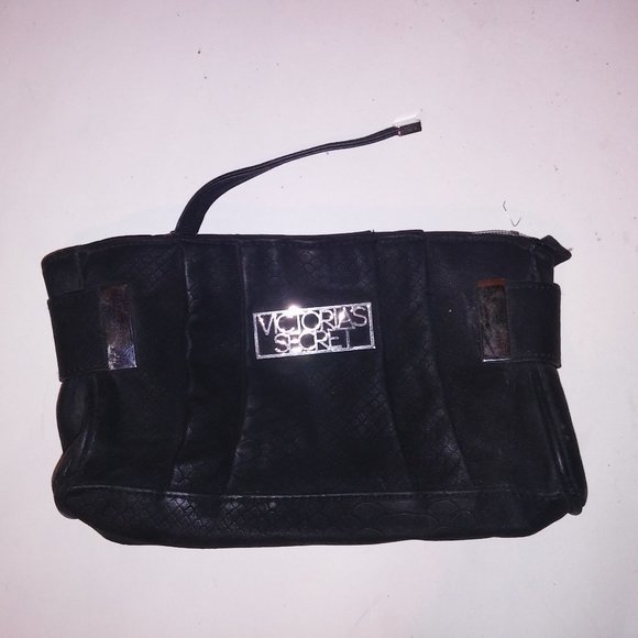 Victoria's Secret Handbags - Victoria Secret Wristlet‎ Purse Bag Black Logo Snakeskin Print Silver Hardware 9